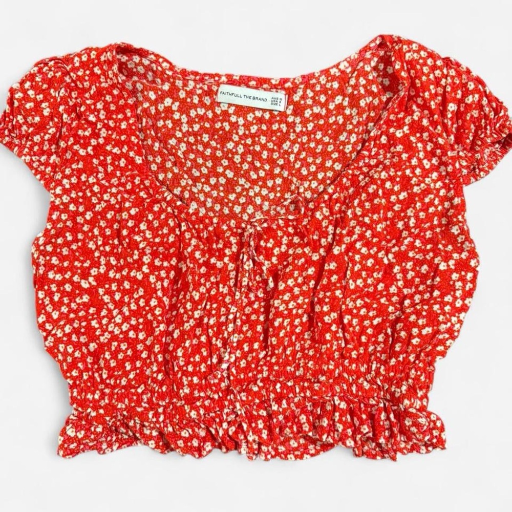 Faithfull the Brand Red and White Floral‎ Crop Top